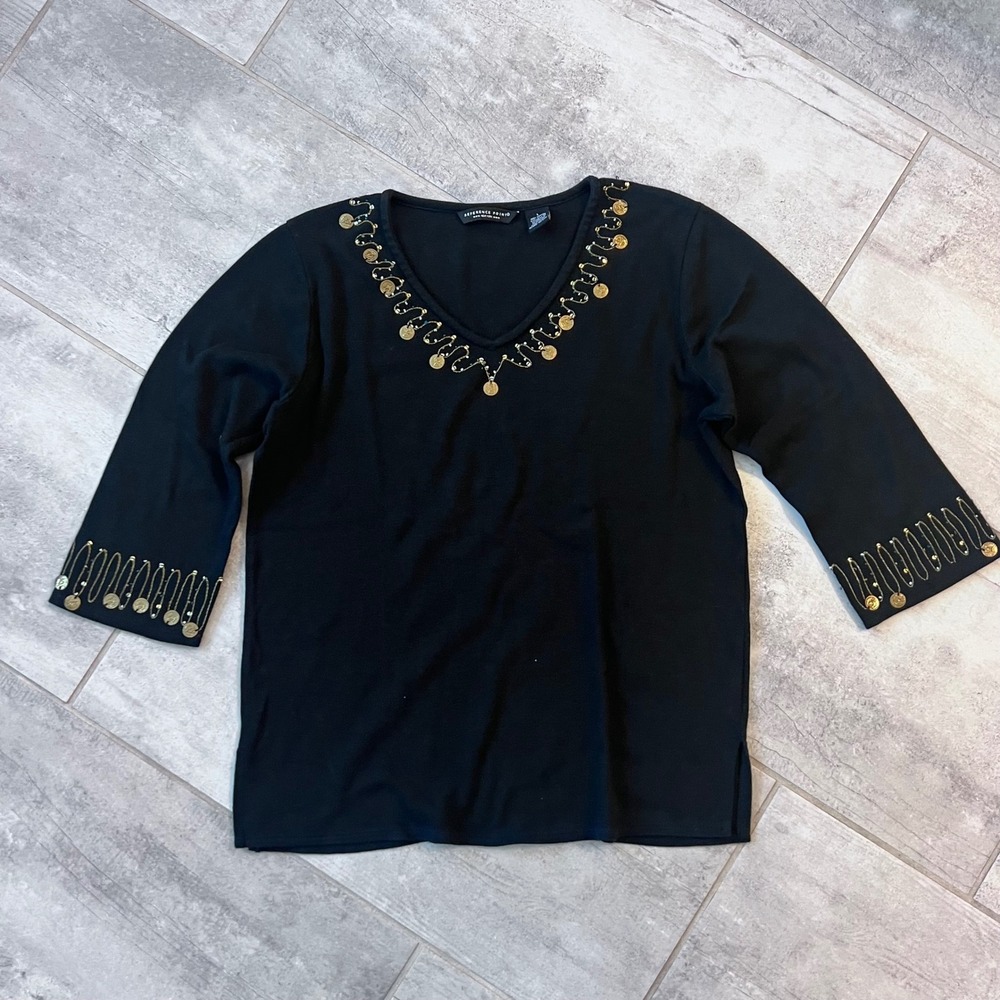 Reference Point Black Embellished Top Gold Safety Pin Detail V Neck‎ L